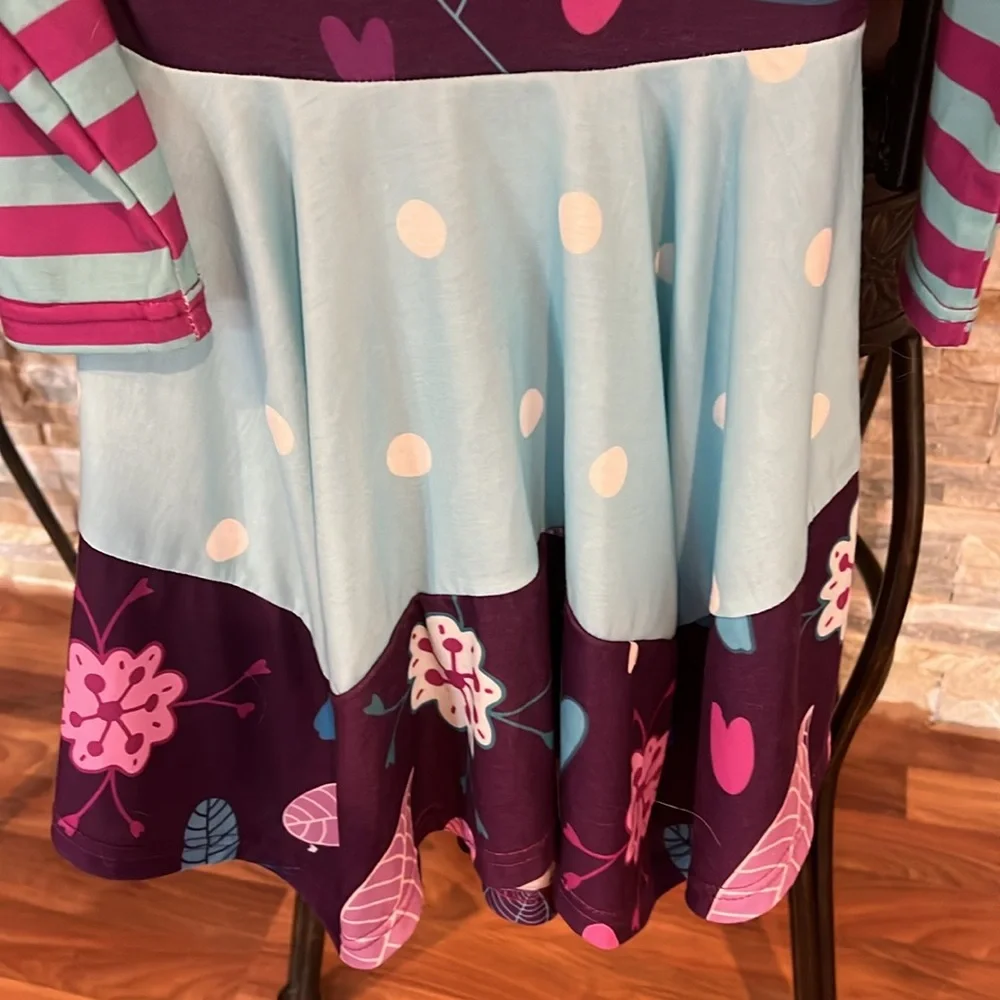 Girls size 3 blues purples and pinks multi patterned dress - Picture 2 of 4